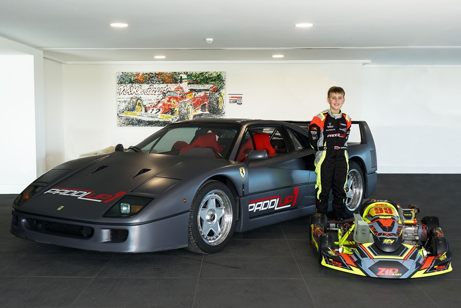 The PaddlUp motorsport academy reveal with Ethan Griffiths and his go kart next to the F40