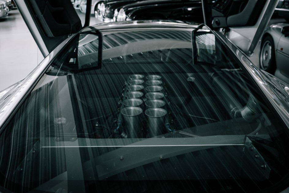 A detailed shot of the Jaguar XJ220's V6 engine