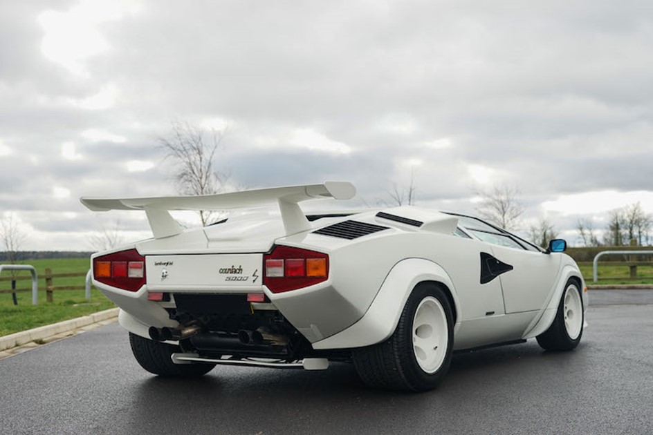 The rear of a white Lamborghini Countach LP5000S