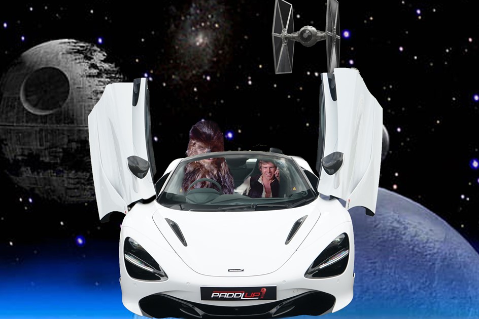 A McLaren 720S with Star Wars' Han Solo and Chewbacca at the wheel chased by a TIE Fighter