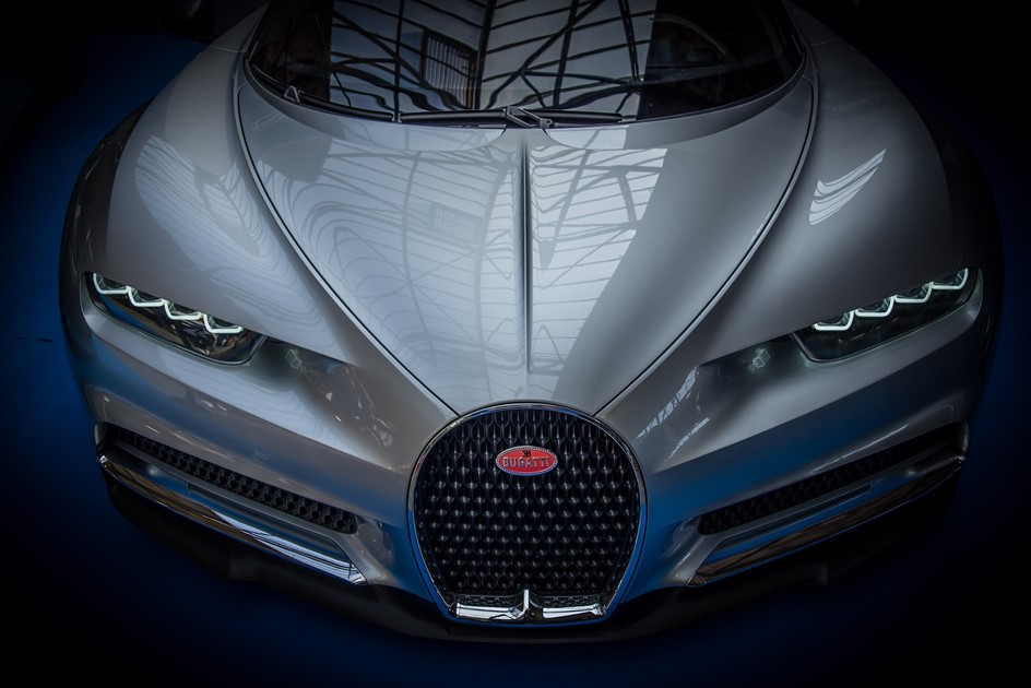 The front end of a Bugatti Chiron hypercar