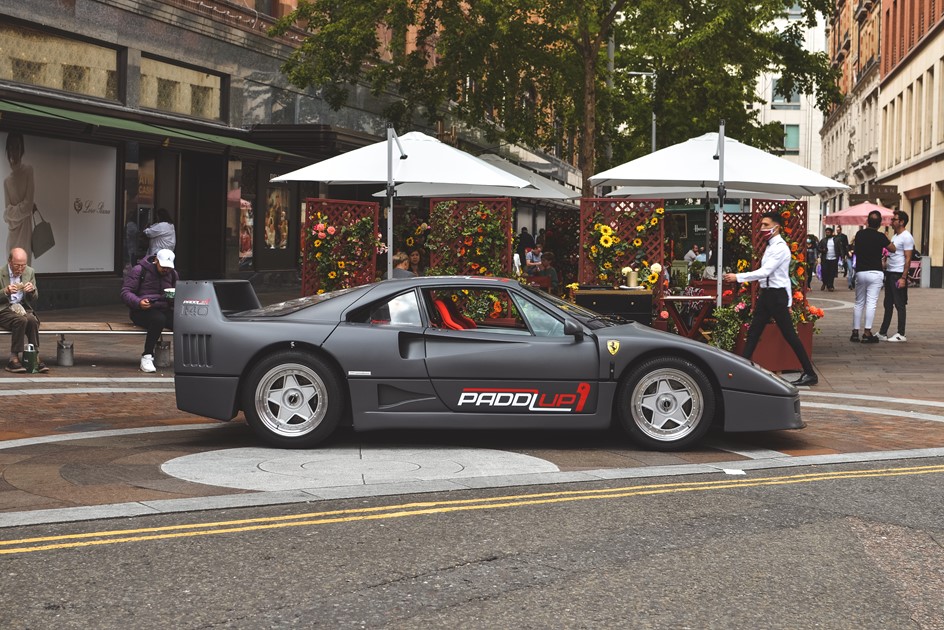 The grey wrapped PaddlUp Ferrari F40 parked in London 
