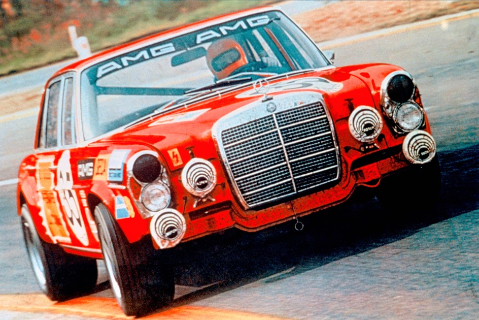 The Mercedes AMG 300 SEL Red Pig on track